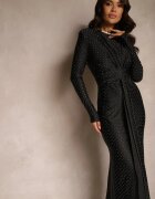 allyson Rochie de cocktail mulată neagră drapată în talie decorată cu zirconii Rissanea