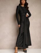 allyson Rochie de cocktail mulată neagră drapată în talie decorată cu zirconii Rissanea