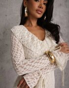 allyson Rochie de seară Bej din dantelă decorată cu volane Lunetra