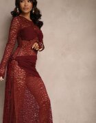 allyson Rochie din dantelă bordeaux mulată decorată cu drapaj și cu cupe întărite Temitta