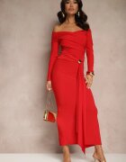 allyson Rochie drapată roșie cu croială mulată cu trenă și despicătură Aluilea