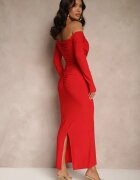allyson Rochie drapată roșie cu croială mulată cu trenă și despicătură Aluilea