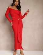 allyson Rochie drapată roșie cu croială mulată cu trenă și despicătură Aluilea