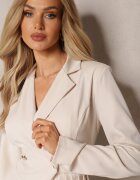allyson Rochie Mini Bej cu Pliuri și Decolteu Petrecut Decorată cu Nasturi Eiloni