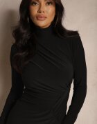 allyson Rochie neagră de cocktail cu semi-guler decorată cu drapaje Emivelleth