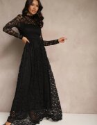 allyson Rochie Neagră Din Dantelă Cu Croi Evazat Cu Guler Înalt și Elastic în Talie Delidra