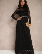 allyson Rochie Neagră Din Dantelă Cu Croi Evazat Cu Guler Înalt și Elastic în Talie Delidra