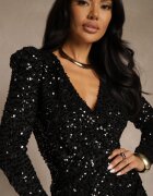 allyson Rochie neagră mulată cu decolteu în V decorată cu paiete Liweda