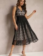 allyson Rochie Neagră Plisată cu bretele cu Model Decorativ și Fermoar Mirilla