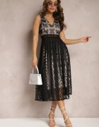 allyson Rochie Neagră Plisată cu bretele cu Model Decorativ și Fermoar Mirilla