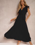 allyson Rochie negră plic cu elastic în talie și curea din material textil decorată cu volane Tiamatalia