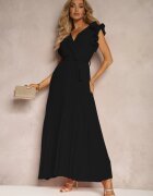 allyson Rochie negră plic cu elastic în talie și curea din material textil decorată cu volane Tiamatalia
