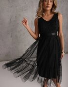 allyson Rochie negră taliată midi cu plasă decorativă Celerise