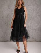 allyson Rochie negră taliată midi cu plasă decorativă Celerise