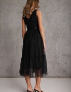 allyson Rochie negră taliată midi cu plasă decorativă Celerise