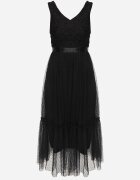 allyson Rochie negră taliată midi cu plasă decorativă Celerise