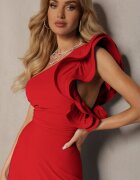 allyson Rochie Roșie Evazată Asimetrică cu Volane Mari la Umeri Cevada