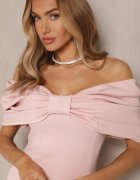 allyson Rochie Roz Cambrată cu Fundă Stil Carmen cu Croi Mulat Paladwena
