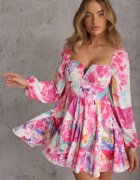 allyson Rochie Roz Cloș Florală cu Decolteu Pătrat Averla