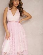 allyson Rochie Roz Plisată cu Bretele cu Model Decorativ și Fermoar Mirilla
