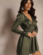allyson Rochie Satinată Verde Mini cu volane și curea la spate în talie Catriona