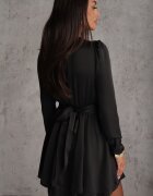 allyson Rochie Satynowa Mini Neagră cu Volane și Curea la spate în talie Catriona
