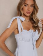 allyson Rochie Taliată Albastră în Stil Rustic Împodobită cu Volane și cu Șnur Varkio