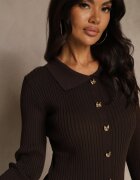 allyson Rochie Tricotată Maro din Viscoză Decorată cu Nasturi Zozeria