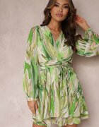 allyson Rochie Verde petrecută Breyera Mini cu cordon decorativ și mânecă lungă