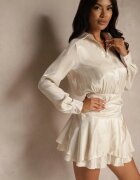 allyson Rochie viscoză bej cu croială tip cămașă cu volane Lioelle