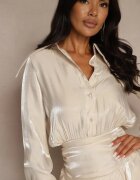 allyson Rochie viscoză bej cu croială tip cămașă cu volane Lioelle