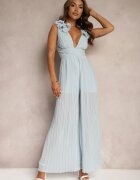 allyson Salopetă albastră cambrată de cocktail cu pantaloni largi decorată cu volane Gealfrea