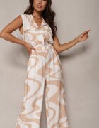 allyson Salopetă Bej cu picioare largi cu elastic în talie cu imprimeu abstract Privia