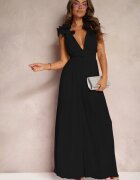 allyson Salopetă neagră cambrată de cocktail cu picioare lărgi decorată cu volane Gealfrea