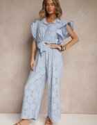 allyson Set Albastru Ajurat Bluză cu Croi de Cămașă și Pantaloni cu Picior Larg Linaniria