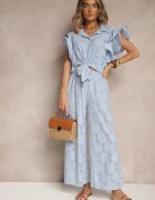 allyson Set Albastru Ajurat Bluză cu Croi de Cămașă și Pantaloni cu Picior Larg Linaniria