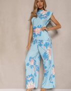 allyson Set Albastru Bluză încrețită cu Croială Asimetrică și Pantaloni Largi cu Flori Linidia
