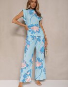 allyson Set Albastru Bluză încrețită cu Croială Asimetrică și Pantaloni Largi cu Flori Linidia