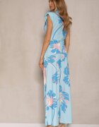 allyson Set Albastru Bluză încrețită cu Croială Asimetrică și Pantaloni Largi cu Flori Linidia
