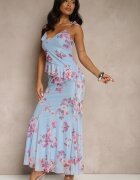 allyson Set Albastru cu Model Floral Fustă și Top Decorat cu Volane și cu Legătură Saraveira