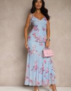 allyson Set Albastru cu Model Floral Fustă și Top Decorat cu Volane și cu Legătură Saraveira