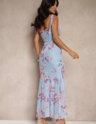 allyson Set Albastru cu Model Floral Fustă și Top Decorat cu Volane și cu Legătură Saraveira
