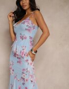 allyson Set Albastru cu Model Floral Fustă și Top Decorat cu Volane și cu Legătură Saraveira