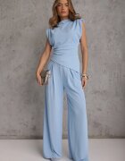 allyson Set Albastru deschis Bluză cu pernuțe la umeri și Pantaloni drepți cu elastic în talie Divanes