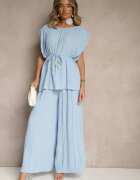 allyson Set Albastru Pantaloni largi și Bluză cu umeri întăriți Nilamira