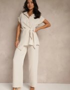 allyson Set Bej cu Pantaloni cu Croială Largă și Cămașă cu Legătură Decorativă Filaniella