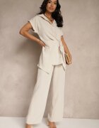allyson Set Bej cu Pantaloni cu Croială Largă și Cămașă cu Legătură Decorativă Filaniella