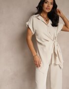 allyson Set Bej cu Pantaloni cu Croială Largă și Cămașă cu Legătură Decorativă Filaniella