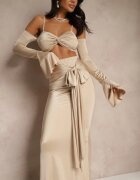 allyson Set Bej Fustă Mulată cu Trenă și Top cu Mâneci cu Volănaș Adivaria
