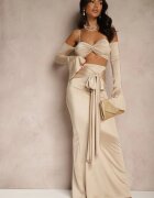 allyson Set Bej Fustă Mulată cu Trenă și Top cu Mâneci cu Volănaș Adivaria